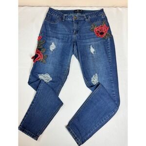 One 5 One BOHO Jeans Size 12 (SEE MEASUREMENTS) Tapered Leg Faux Pockets Flowers